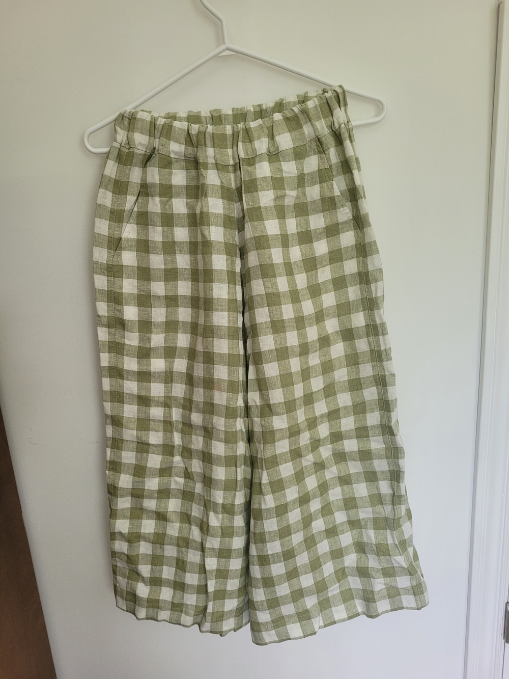 NPL Green and White Linen Gingham Wide-Leg Pants